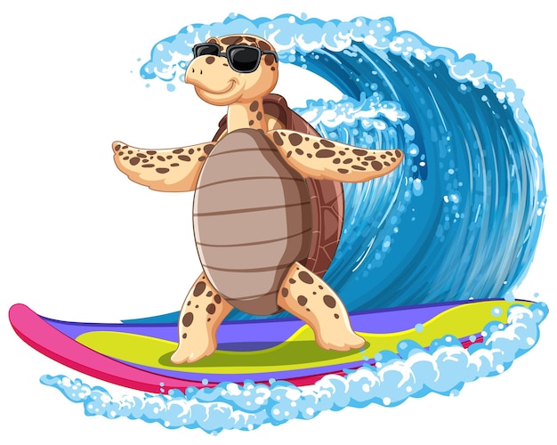 Cute turtle cartoon character surfing