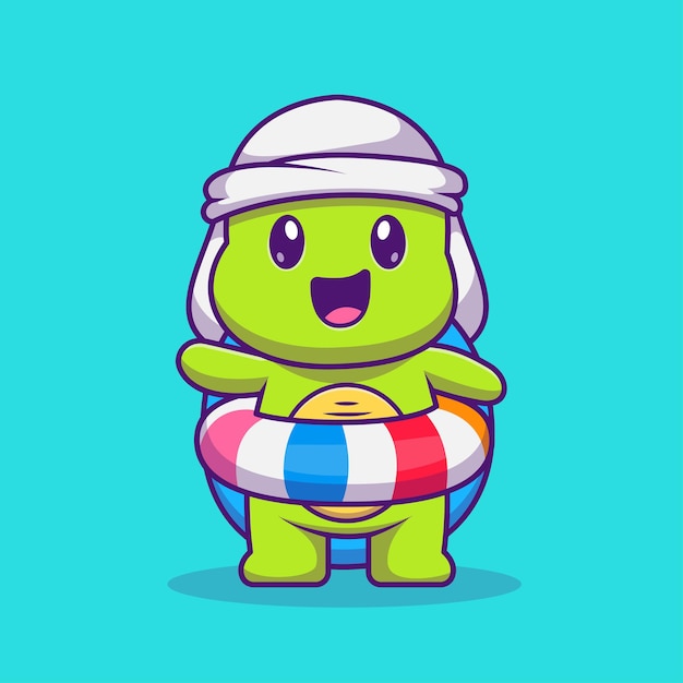 Cute Turtle Wearing Swim Balloon Cartoon Vector Icon Illustration. Animal Holiday Icon Concept Isolated Premium Vector. Flat Cartoon Style