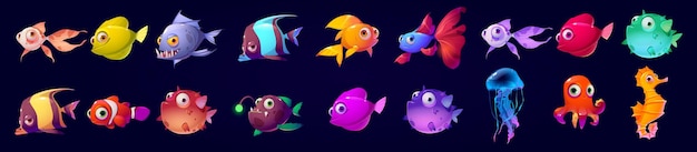 Vettore gratuito simpatici animali subacquei pesce cavalluccio marino meduse e polpo vector cartoon set di personaggi dell'acquario divertenti creature marine pesci palla isolati su sfondo nero