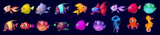 귀여운 수중 동물 물고기 해마 해파리와 낙지 벡터 만화 수족관 캐릭터 세트 검은 배경에 격리된 재미있는 해양 생물 복어