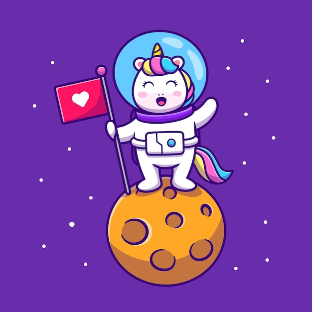 Милый Единорог астронавт держит флаг на планете мультфильм значок иллюстрации