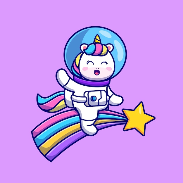 Cute Unicorn Astronaut Riding Rainbow  Illustration. 