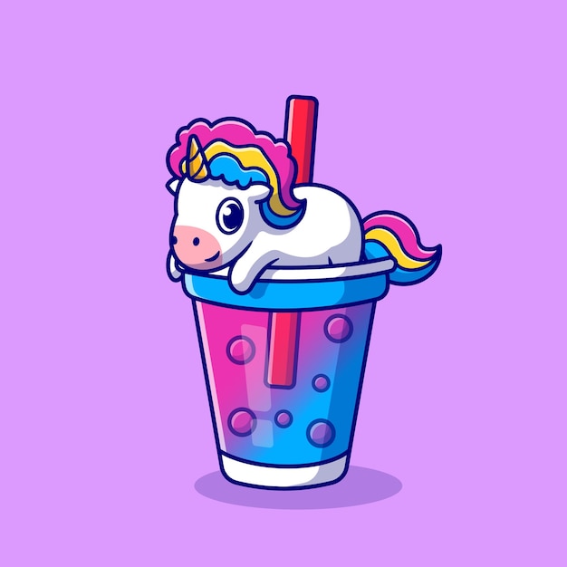 Cute Unicorn Boba Milk Tea. Flat Cartoon Style