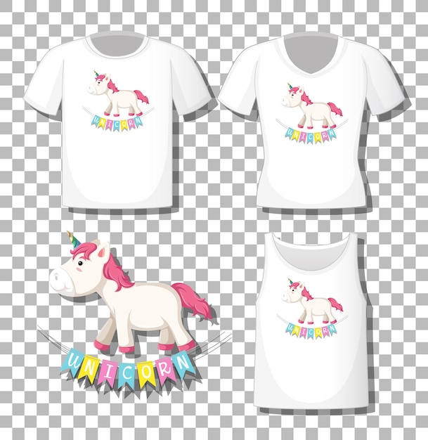 Simpatico personaggio dei cartoni animati di unicorno con set di camicie diverse isolato su sfondo trasparente