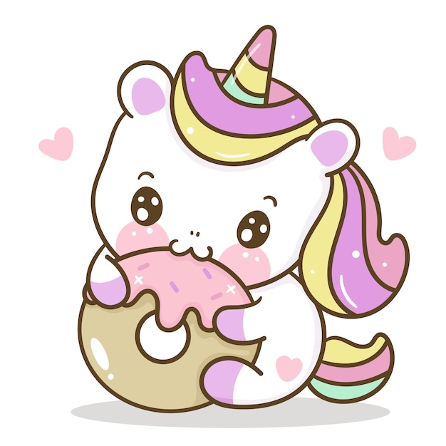 デザートかわいいイラストを食べるかわいいユニコーン漫画 プレミアムベクター