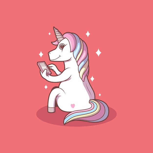 Vettore gratuito simpatico personaggio unicorno che prende un'illustrazione vettoriale selfie social media che condivide un concetto di design divertente