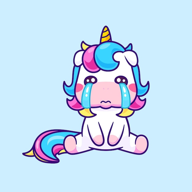 Cute Unicorn Crying Cartoon Vector Icon Illustration. Animal Nature Icon Concept Isolated Premium