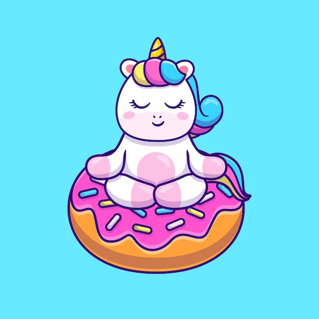 Cute Unicorn Doing Yoga On Doughnut  Illustration. 