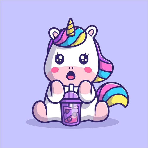 cute unicorn drinking boba milk tea cartoon vector icon illustration. animal drink icon isolated