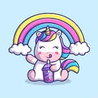 Vettore gratuito simpatico unicorno che beve il tè al latte boba con l'illustrazione dell'icona del vettore dei cartoni animati arcobaleno. icona della bevanda animale