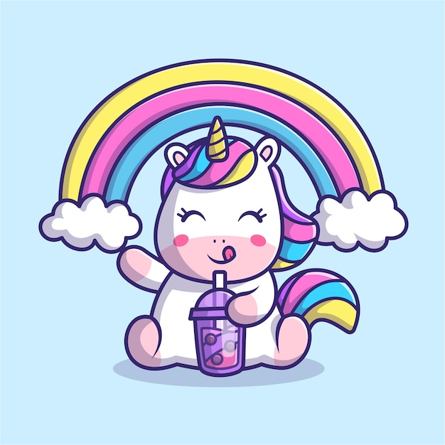 Cute Unicorn Drinking Boba Milk Tea With Rainbow Cartoon Vector Icon Illustration. Animal Drink Icon