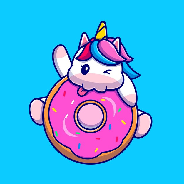 Cute Unicorn Eating Doughnut Cartoon Character. Animal Food Isolated.