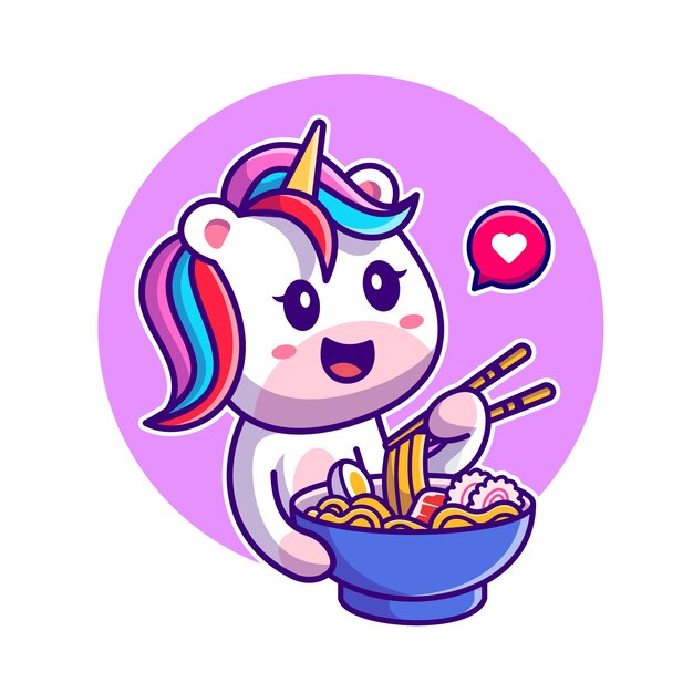 Cute Unicorn Eating Noodle With Chopstick Cartoon Illustration. Flat Cartoon Style