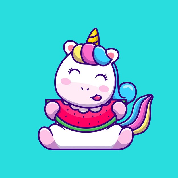 Cute Unicorn Eating Watermelon Cartoon