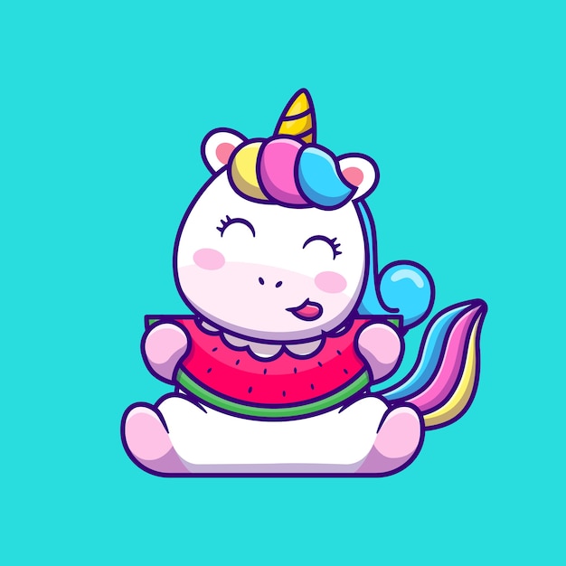 Cute Unicorn Eating Watermelon Cartoon