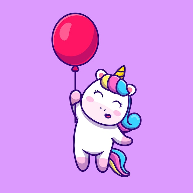 Cute Unicorn Floating With Balloon Cartoon Vector Icon Illustration. 