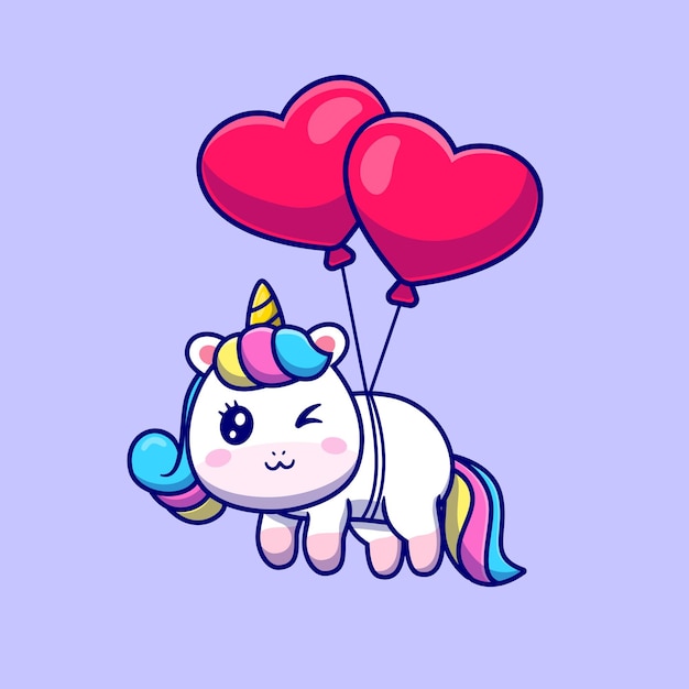 Cute Unicorn Floating With Love Balloon Illustration