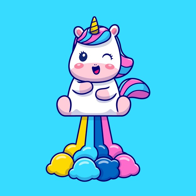 Cute Unicorn Flying With Rainbow Cartoon Icon Illustration.