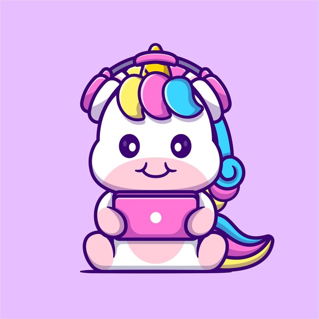 Cute Unicorn Gaming With Phone And Headphone Cartoon Vector Icon Illustration Animal Technology