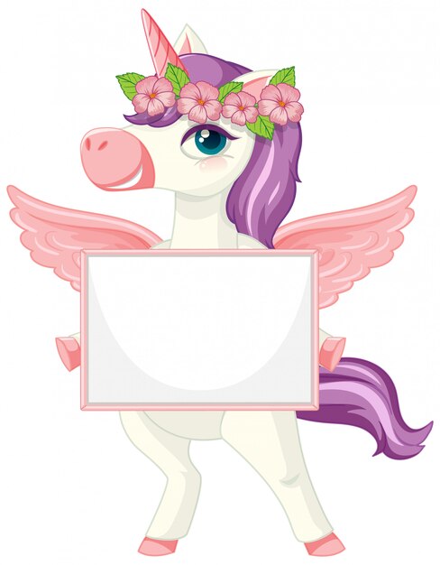 Cute unicorn holding blank banner