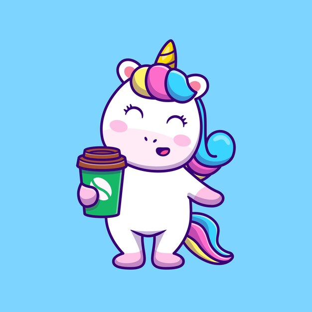 Cute Unicorn Holding Coffee Cartoon Vector  Illustration.