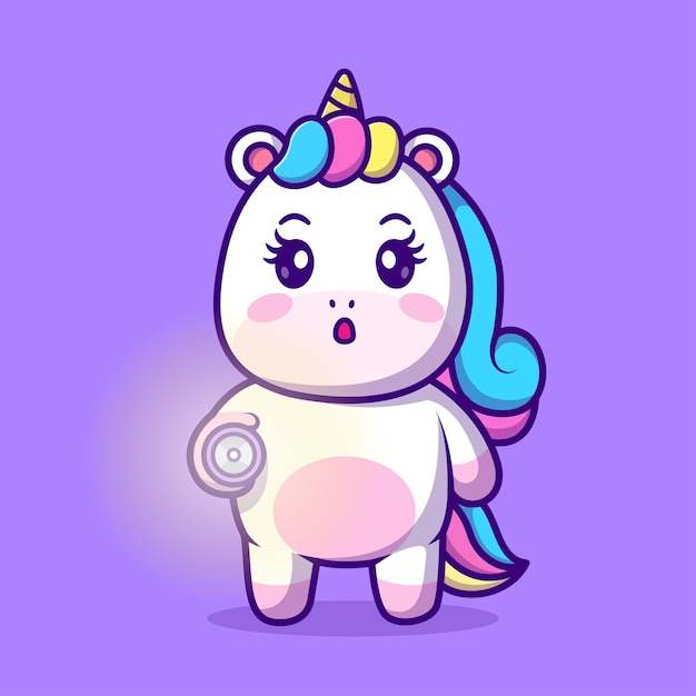 Cute Unicorn Holding Flashlight Cartoon Vector Icon Illustration Animal Nature Icon Isolated