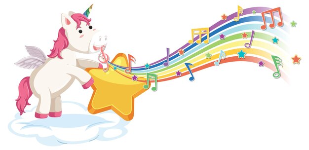 Cute unicorn holding star with melody symbols on rainbow