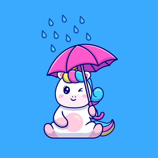 귀여운 유니콘 우산 만화 일러스트를 들고