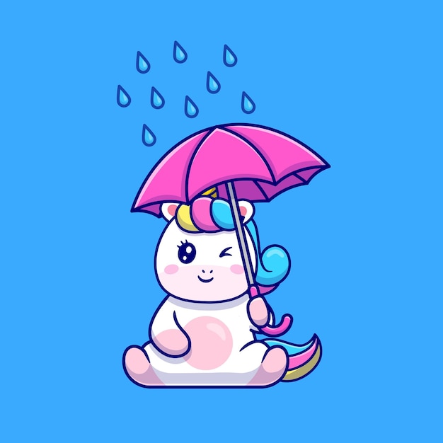 Cute Unicorn Holding Umbrella Cartoon Illustration