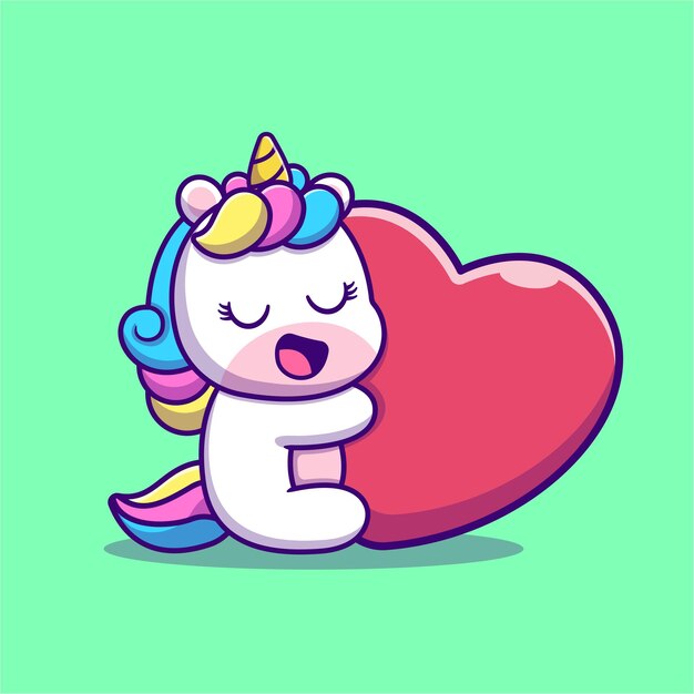 cute unicorn hug love heart cartoon vector icon illustration animal love icon concept isolated flat