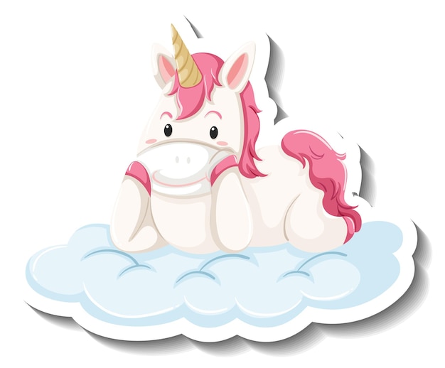 Cute unicorn laying on the cloud cartoon sticker