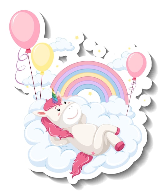 Vettore gratuito adesivo cartone animato unicorno carino sdraiato sulla nuvola