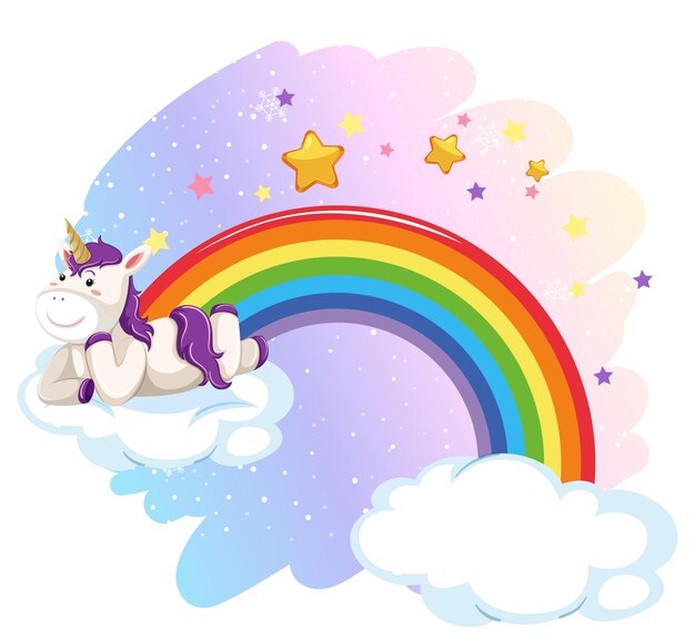 Cute unicorn laying on cloud in the pastel sky with rainbow