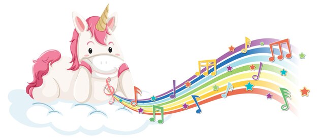 Cute unicorn laying on the cloud with melody symbols on rainbow