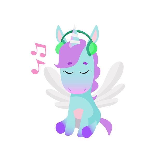 Cute unicorn listening to music in headphones