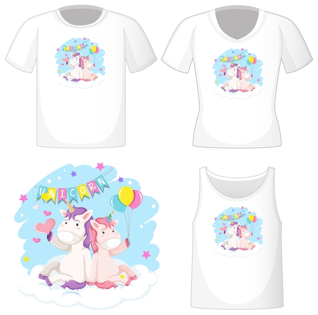 Free vector cute unicorn logo on different white shirts isolated on white background