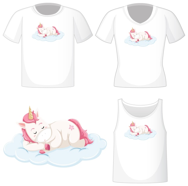 Cute unicorn logo on different white shirts isolated on white background