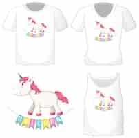 Vettore gratuito logo di unicorno carino su diverse camicie bianche isolate su bianco