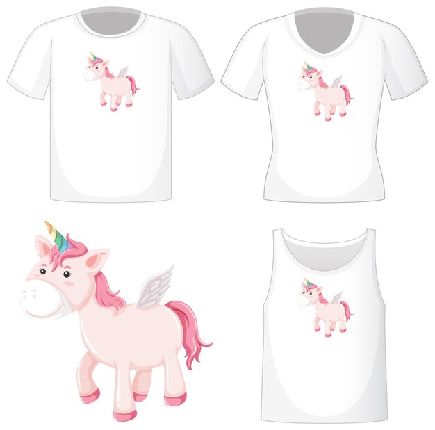 Cute unicorn logo on different white shirts isolated on white