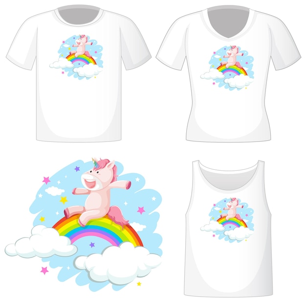 Cute unicorn logo on different white shirts isolated