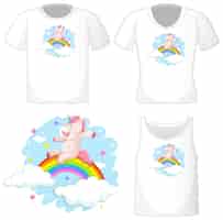 Vettore gratuito simpatico logo unicorno su diverse camicie bianche isolate