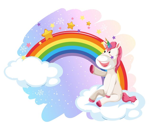 Cute unicorn in the pastel sky with rainbow