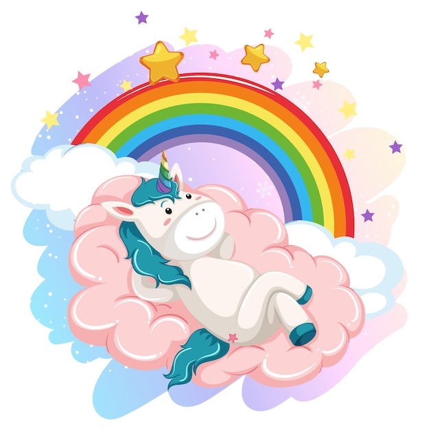 Cute unicorn in the pastel sky with rainbow