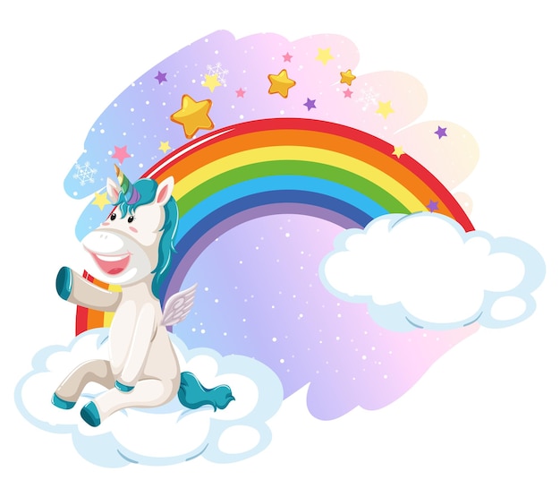 Vettore gratuito simpatico unicorno nel cielo pastello con arcobaleno