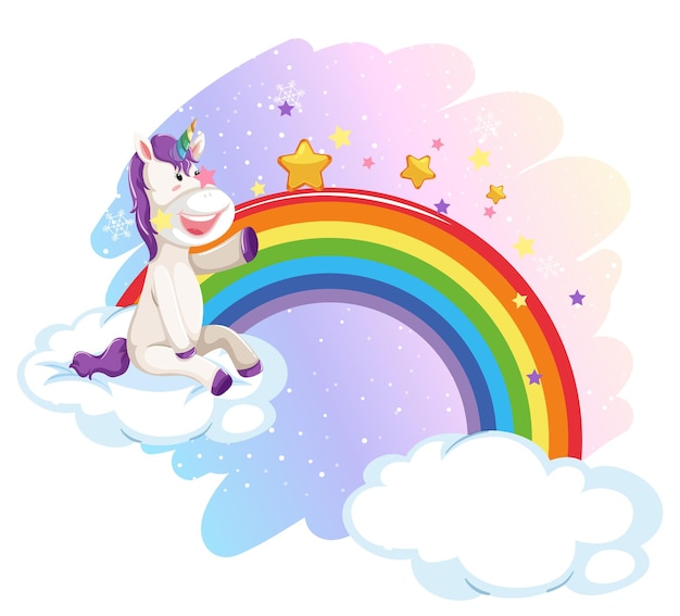 Vettore gratuito simpatico unicorno nel cielo pastello con arcobaleno