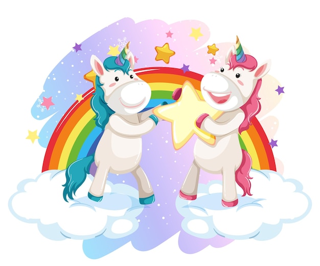 Simpatico unicorno nel cielo pastello con arcobaleno