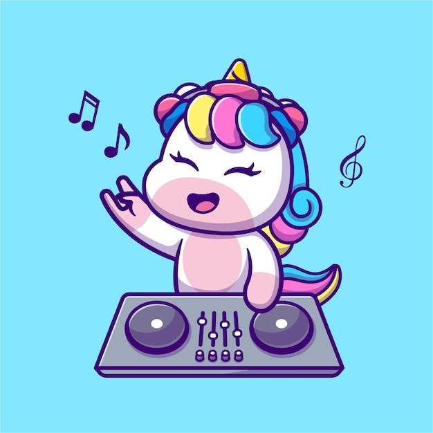 Vettore gratuito simpatico unicorno che suona dj musica elettronica cartone animato icona vettore illustrazione musica animale isolata