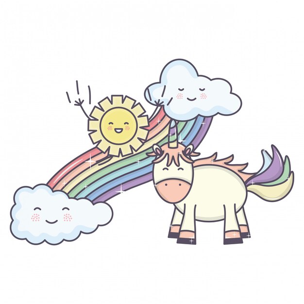 Cute unicorn in rainbow with clouds and sun kawaii characters