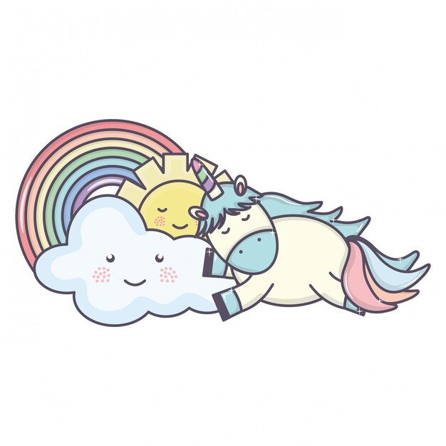 Cute unicorn in rainbow with clouds and sun kawaii characters