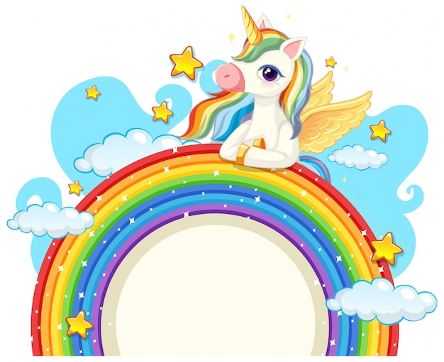 Vettore gratuito unicorno carino sopra arcobaleno